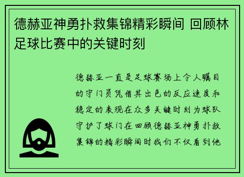 德赫亚神勇扑救集锦精彩瞬间 回顾林足球比赛中的关键时刻